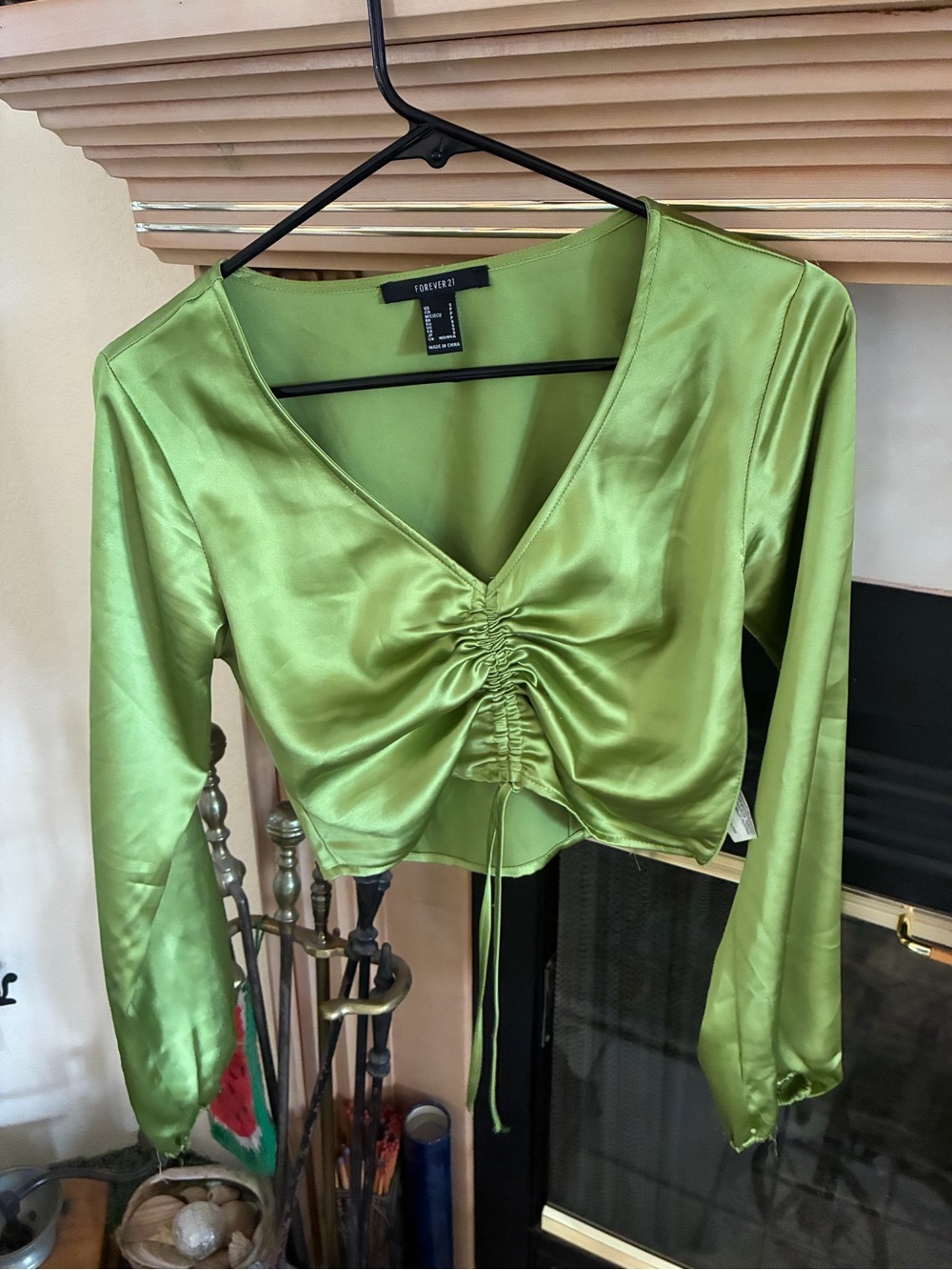 Forever 21 Lime Green Satin Ruched V-Neck Crop Top